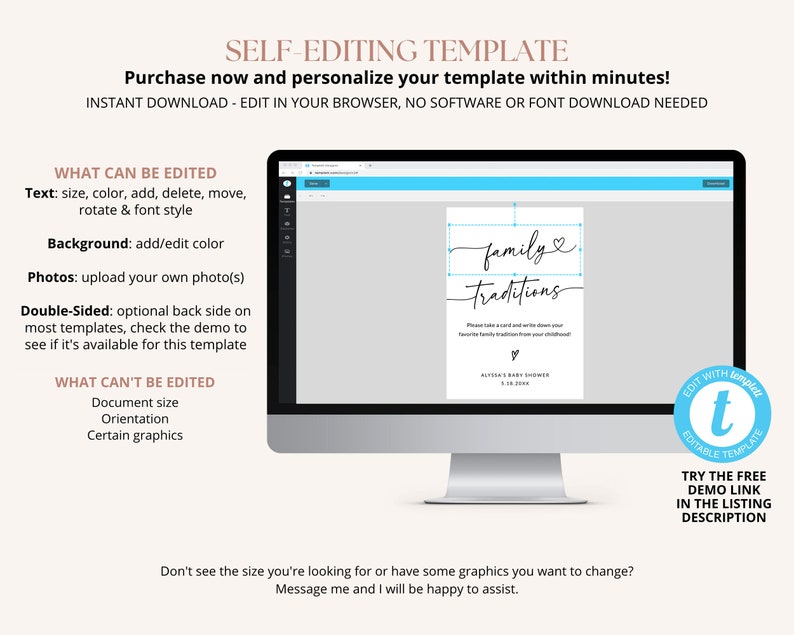 May include: A computer screen displaying a printable template for a baby shower. The template is white with black text that reads "family traditions". The text is in a script font. The template is for a baby shower and includes the date and the name of the baby. The template is editable and can be personalized with your own photos and text.
