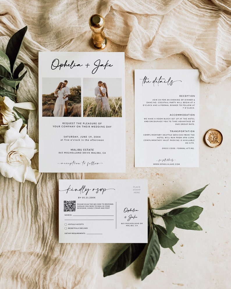 Wedding Invitation Template with Qr Code Wedding Invitation Suite with Photo Wedding Invitation Bundle Rsvp and Details Card A1 image 1