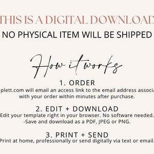 Pu&ograve; includere: Un grafico con istruzioni per il download digitale su sfondo chiaro. Il testo recita: THIS IS A DIGITAL DOWNLOAD, NO PHYSICAL ITEM WILL BE SHIPPED, How it works, 1. ORDER, 2. EDIT + DOWNLOAD, 3. PRINT + SEND, e altro testo esplicativo.