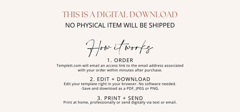 Pu&ograve; includere: Un grafico con istruzioni per il download digitale su sfondo chiaro. Il testo recita: THIS IS A DIGITAL DOWNLOAD, NO PHYSICAL ITEM WILL BE SHIPPED, How it works, 1. ORDER, 2. EDIT + DOWNLOAD, 3. PRINT + SEND, e altro testo esplicativo.