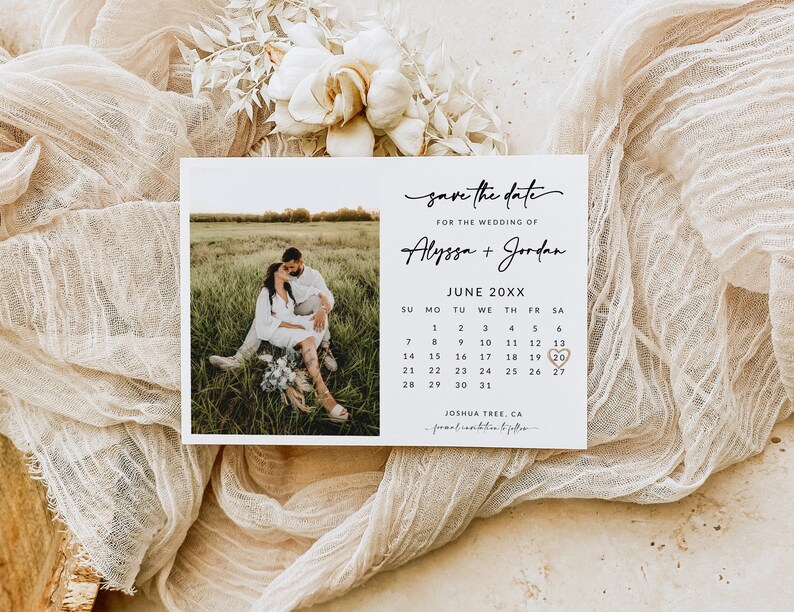 Minimalist Save the Date Calendar Template With Photo Boho Etsy