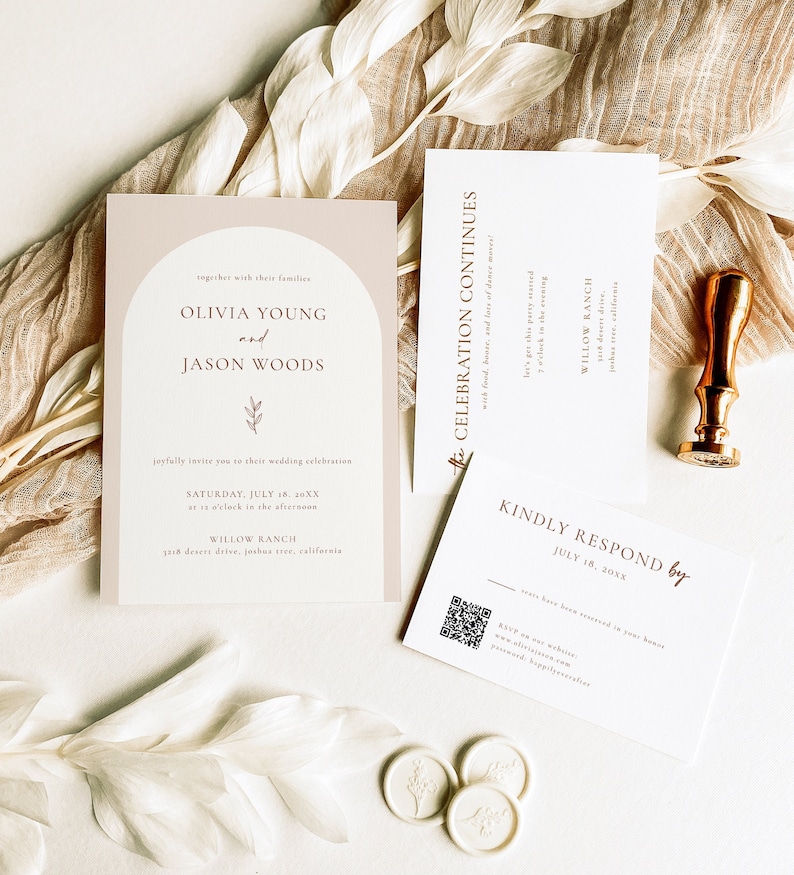 Bundle Wedding Invitation Suite with QR Code Rsvp and Details Card Wedding Invitation Set Minimalist Neutral Editable Template A4 image 3