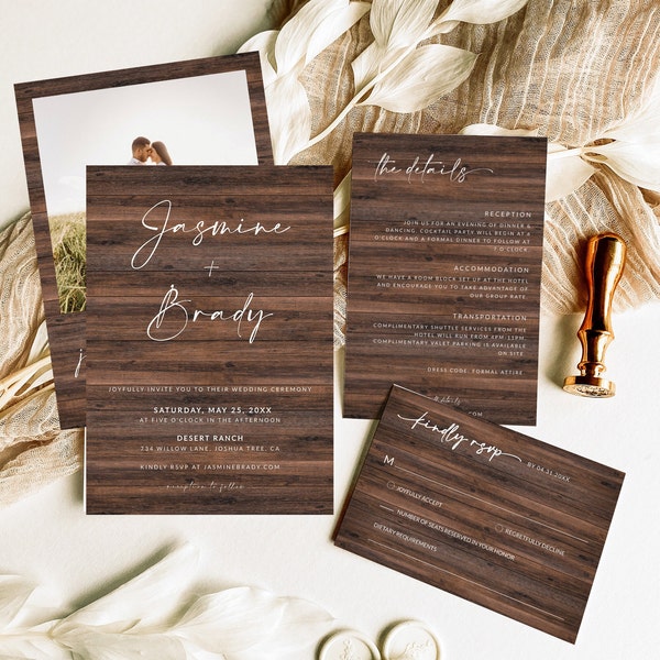 Rustic Wedding Invitation Set | Minimalist Country Barn Wedding Invitation Suite | Farmhouse Details Card | RSVP Card | Wedding Template, C1