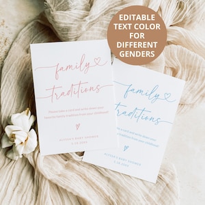 May include: Two white cards with pink and blue text that reads "family traditions". The cards have a heart symbol and the text "Please take a card and write down your favorite family tradition from your childhood!"  The cards also have the text "ALYSSA'S BABY SHOWER 5.18.20XX".