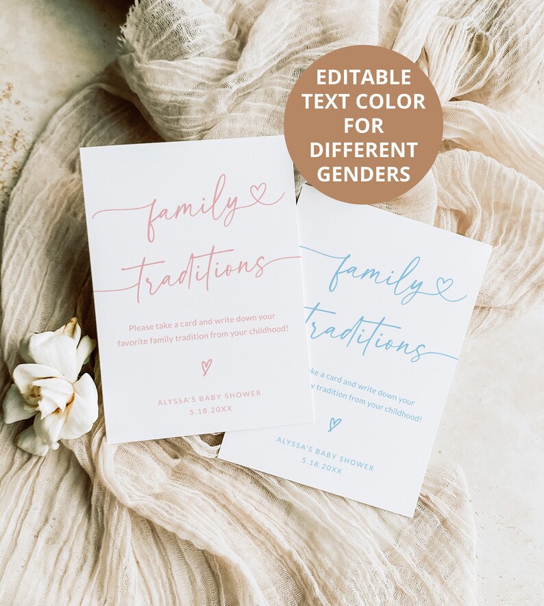 May include: Two white cards with pink and blue text that reads "family traditions". The cards have a heart symbol and the text "Please take a card and write down your favorite family tradition from your childhood!"  The cards also have the text "ALYSSA'S BABY SHOWER 5.18.20XX".