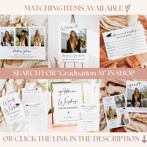 May include: A set of printable graduation party decorations featuring a welcome sign, advice and wishes cards, and a graduation cap design. The decorations are in a minimalist style with black and white text on a white background.