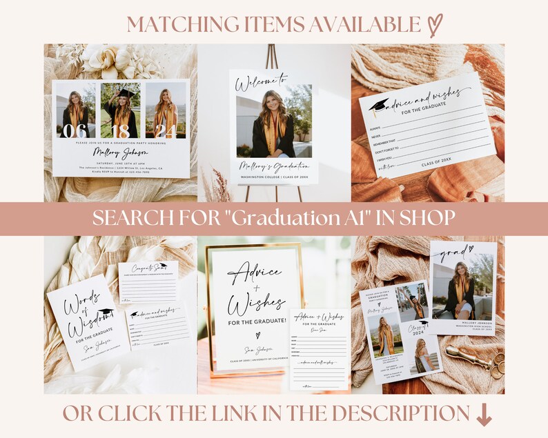 May include: A set of printable graduation party decorations featuring a welcome sign, advice and wishes cards, and a graduation cap design. The decorations are in a minimalist style with black and white text on a white background.