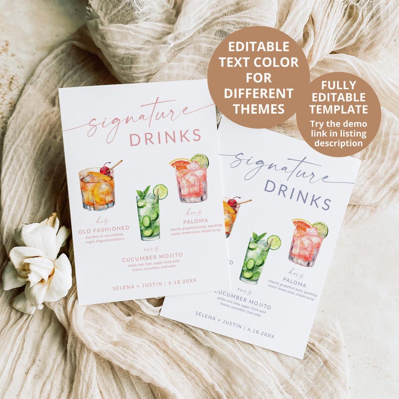 Puede incluir: Dos tarjetas imprimibles con ilustraciones de acuarela de c&oacute;cteles. Las tarjetas se titulan "Signature Drinks" y enumeran las bebidas "Old Fashioned", "Cucumber Mojito" y "Paloma".