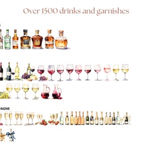 May include: A watercolor illustration of over 1500 drinks and garnishes, including spirits, wine, and champagne. The illustration features bottles of liquor, wine glasses, and champagne flutes.