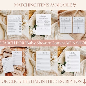 Puede incluir: Un conjunto de juegos de baby shower imprimibles. Los juegos incluyen "Mam&aacute; o Pap&aacute;", "Baby Bingo", "Predicciones y consejos para el beb&eacute;", "Futuros padres", "Deseos para el beb&eacute;" y "Desorden de palabras para beb&eacute;s".