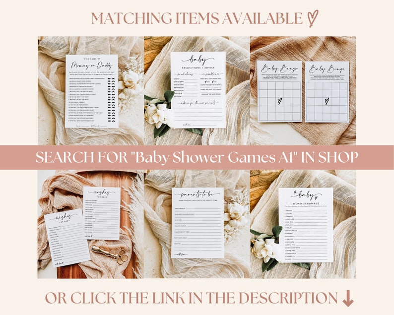 Puede incluir: Un conjunto de juegos de baby shower imprimibles. Los juegos incluyen "Mam&aacute; o Pap&aacute;", "Baby Bingo", "Predicciones y consejos para el beb&eacute;", "Futuros padres", "Deseos para el beb&eacute;" y "Desorden de palabras para beb&eacute;s".
