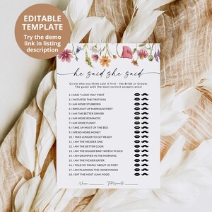 Puede incluir: Un juego de despedida de soltera imprimible con un dise&ntilde;o floral. El juego se llama "&Eacute;l dijo, ella dijo" y pide a los invitados que marquen con un c&iacute;rculo qui&eacute;n creen que lo dijo primero, la novia o el novio. El juego incluye 18 preguntas sobre la pareja.