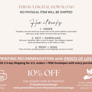 Pu&ograve; includere: Una grafica rosa e bianca con il testo "THIS IS A DIGITAL DOWNLOAD NO PHYSICAL ITEM WILL BE SHIPPED" e "How it works". La grafica include anche istruzioni per ordinare, modificare, scaricare, stampare e inviare un download digitale. La grafica include anche un codice sconto del 10% e informazioni sulla piantumazione di un albero per ogni ordine.