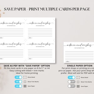 Puede incluir: Una plantilla de PDF imprimible para tarjetas de consejos y deseos. La plantilla muestra c&oacute;mo ahorrar papel imprimiendo varias tarjetas por p&aacute;gina. La plantilla tambi&eacute;n muestra c&oacute;mo imprimir tarjetas individuales en una sola hoja de papel. La plantilla incluye opciones para mostrar sangrado y marcas de recorte.