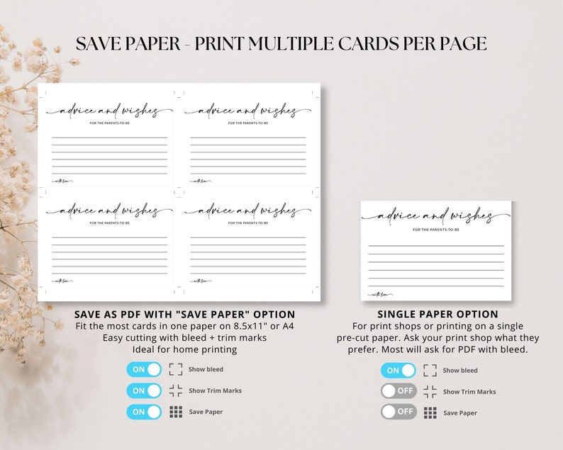 Puede incluir: Una plantilla de PDF imprimible para tarjetas de consejos y deseos. La plantilla muestra c&oacute;mo ahorrar papel imprimiendo varias tarjetas por p&aacute;gina. La plantilla tambi&eacute;n muestra c&oacute;mo imprimir tarjetas individuales en una sola hoja de papel. La plantilla incluye opciones para mostrar sangrado y marcas de recorte.