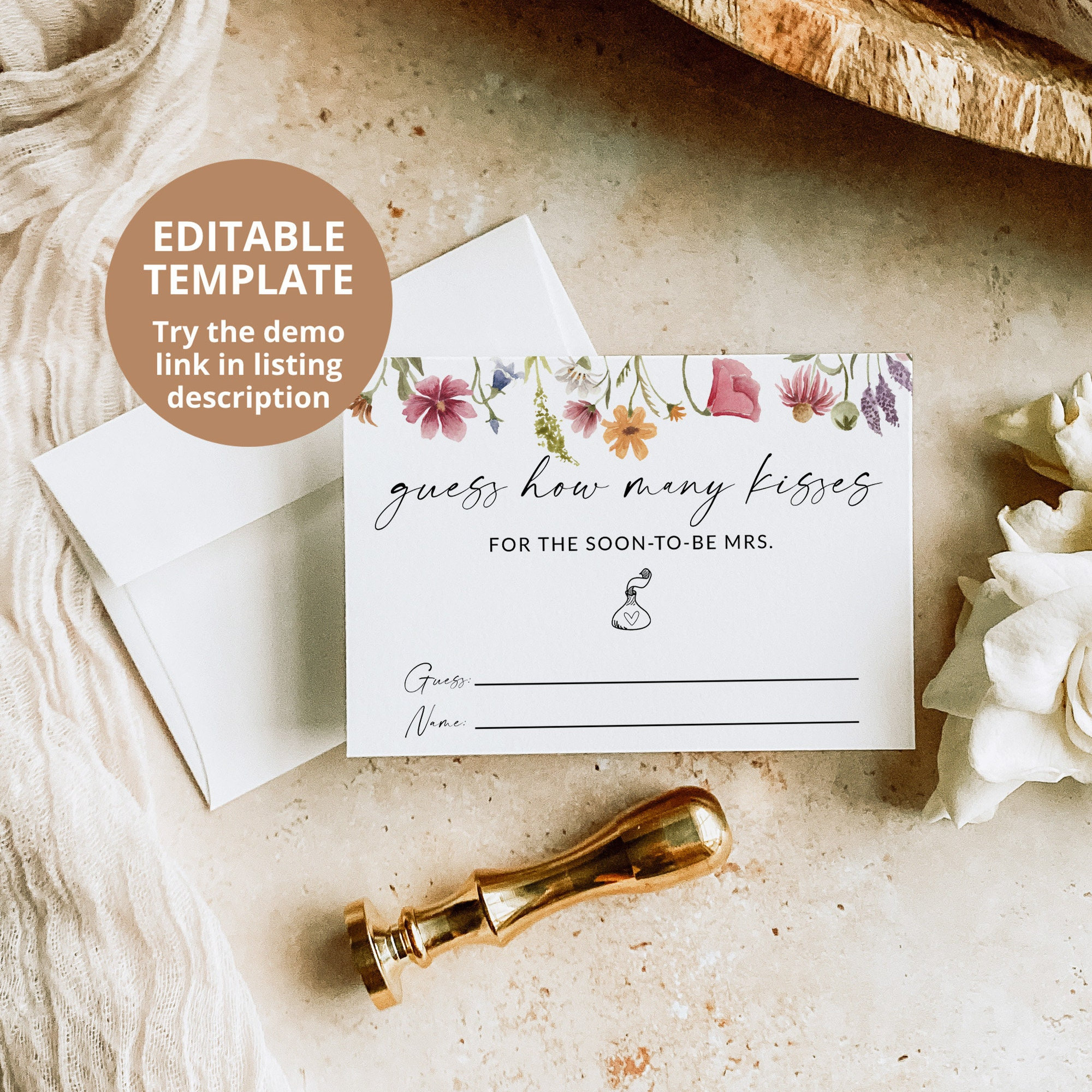 "How Many Kisses" Bridal Shower Game - Floral White Sign & 30 Cards, Guess The Candy In The Jar
