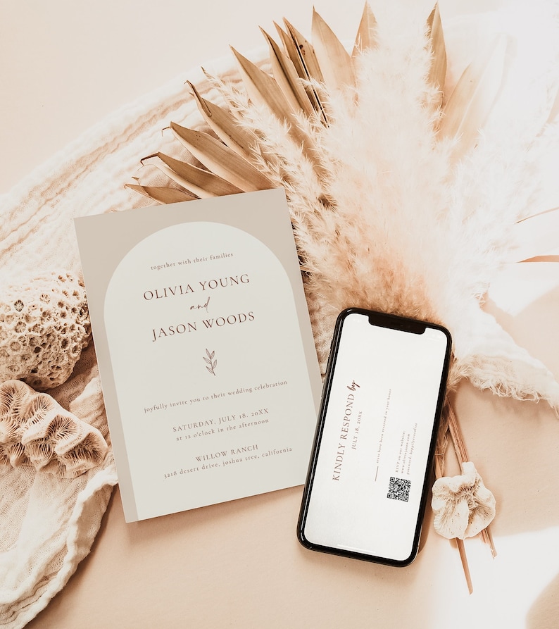 Bundle Wedding Invitation Suite with QR Code Rsvp and Details Card Wedding Invitation Set Minimalist Neutral Editable Template A4 image 6