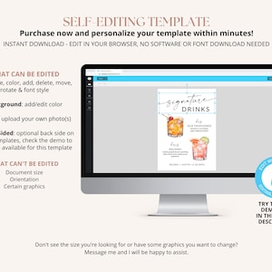 May include: A computer screen displaying a digital template for a signature drinks sign. The sign features watercolor illustrations of cocktails with the names "Old Fashioned" and "Paloma". The text "Signature Drinks" is at the top of the sign. The template is editable and can be personalized with text, colors, and photos.
