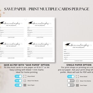 May include: A printable graduation card template with the text "Advice and Wishes for the Graduate". The template includes lines for writing advice and wishes, and a space for the graduate's class year. The image shows two options for saving the PDF: "Save Paper" and "Single Paper".