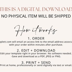 May include: A digital download instruction graphic with a light background and dark text. It reads: THIS IS A DIGITAL DOWNLOAD, NO PHYSICAL ITEM WILL BE SHIPPED, How it works, 1. ORDER, 2. EDIT + DOWNLOAD, 3. PRINT + SEND, and additional details.