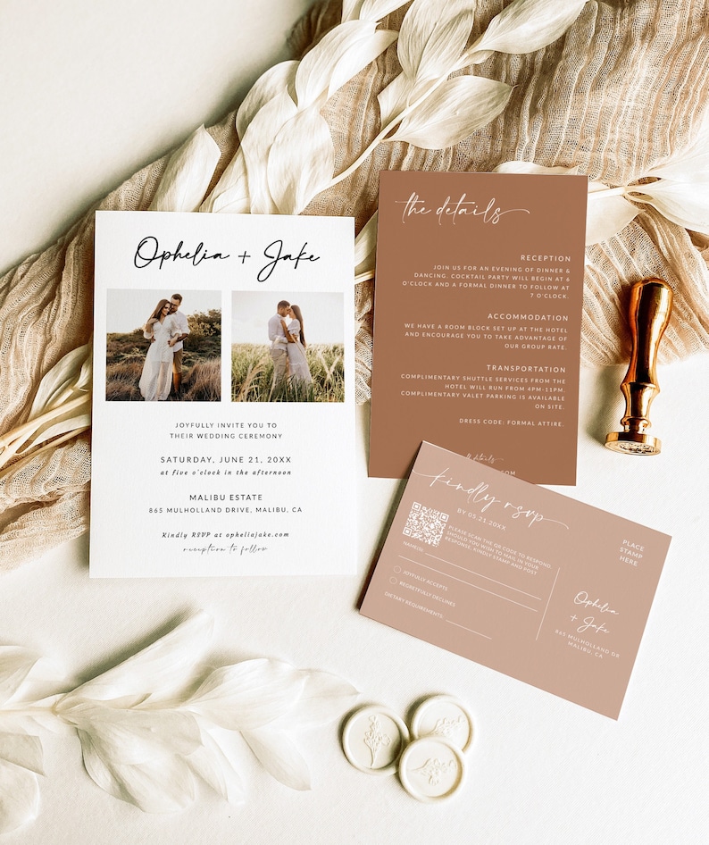May include: A wedding invitation suite with a brown and white color scheme. The invitation features a photo of the couple and the text "Ophelia + Jake". The details card includes information about the reception, accommodation, and transportation. The RSVP card has a QR code and the text "Kindly RSVP".