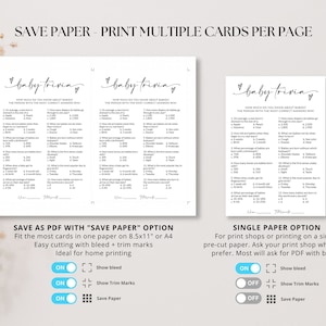 May include: A printable baby trivia game sheet featuring twelve multiple-choice questions about infants. The layout includes a two-per-page option with trim marks and a single-card option, both displaying the text 'baby trivia' in script.