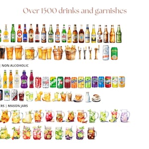 May include: A watercolor illustration of over 1500 different drinks and garnishes, including beer, soda, non-alcoholic beverages, pitchers, and mason jars.