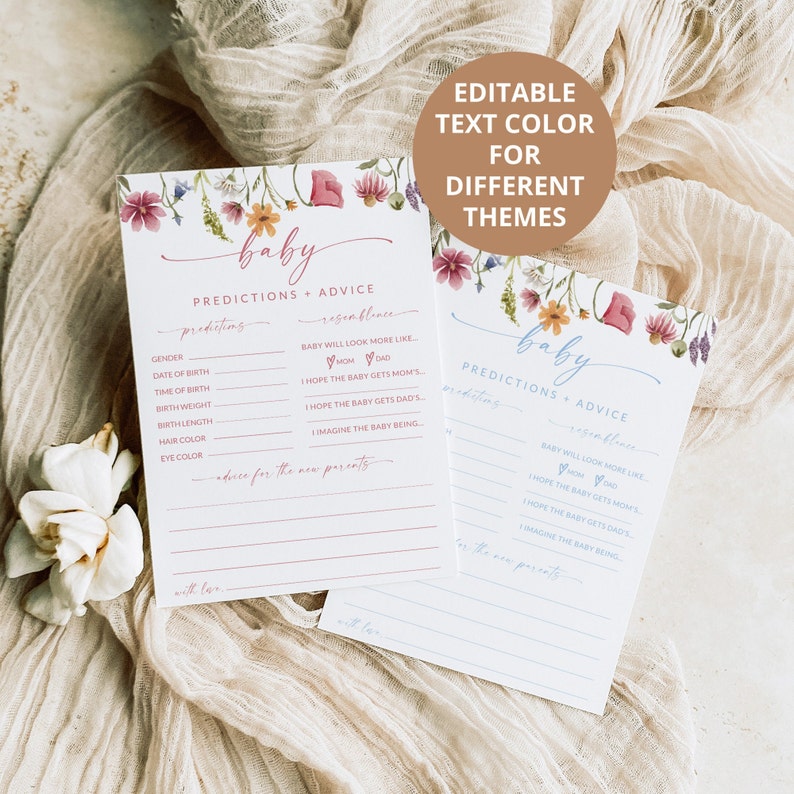 May include: Two printable baby shower game cards with floral borders. The cards have a light blue and pink color scheme. The text on the cards reads "Baby Predictions + Advice".
