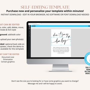May include: Editable template for a baby shower game, with the text "don't say baby" in black script font on a white background. The template is displayed on a computer screen.