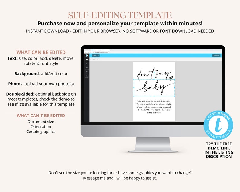 May include: Editable template for a baby shower game, with the text "don't say baby" in black script font on a white background. The template is displayed on a computer screen.