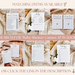 May include: A set of printable baby shower games. The games include "Mommy or Daddy", "Baby Bingo", "Baby Predictions & Advice", "Parents to Be", "Wishes for the Baby", and "Baby Word Scramble".