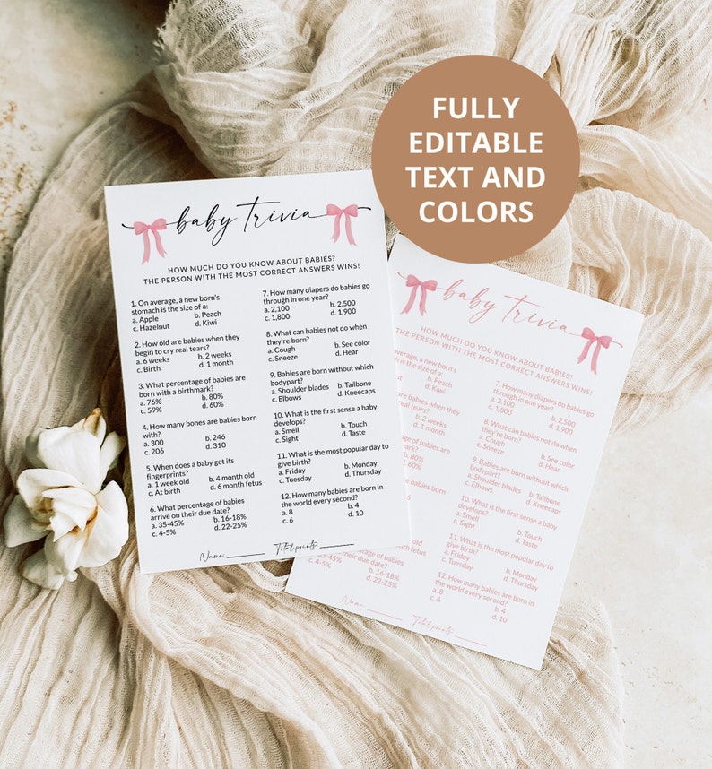 Baby Shower Trivia Pink Bows | Baby Shower Games Printable | Baby ...