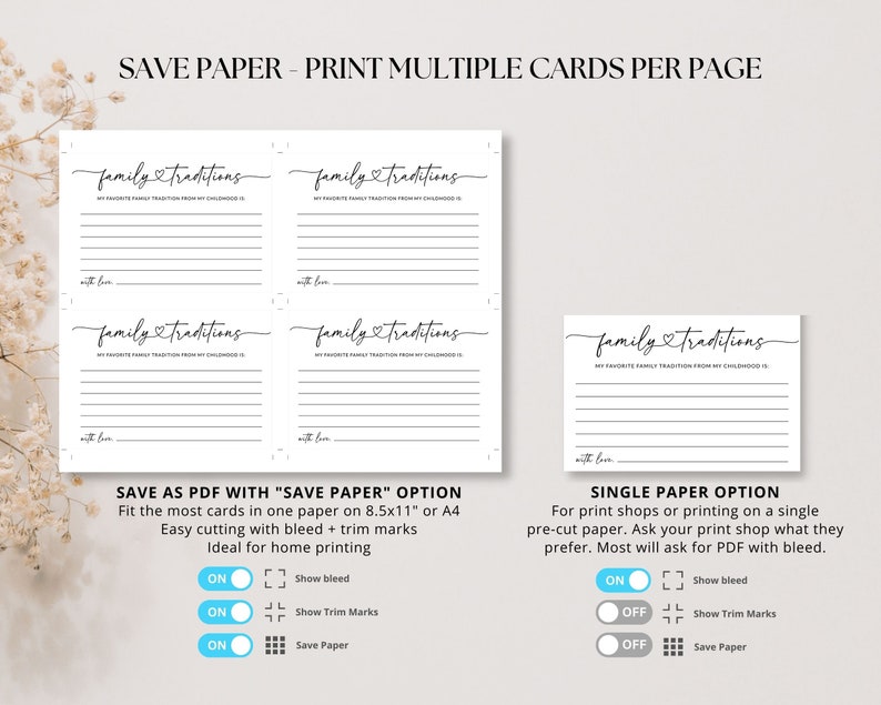 May include: A printable PDF template for a family traditions card. The template has a black and white design with the text "family traditions" and "My favorite family tradition from my childhood is..." The template is shown in two different layouts: one with four cards per page and one with a single card per page. The text "Save Paper" and "Single Paper Option" are also shown on the page.
