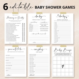 Lot de jeux de baby shower minimalistes | 6 modèles de baby shower modifiables | Devinez qui a dit | Prédictions bébé | Conseils aux parents | A1