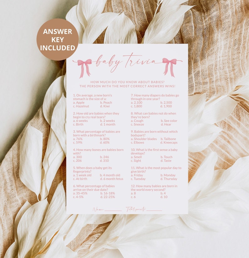 Baby Shower Trivia Pink Bows Baby Shower Games Printable Baby Shower Girl Baby Trivia Template Trivia Questions Editable D1 image 2