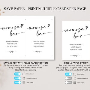 May include: A printable sign for a mimosa bar with the text "momosa bar" in cursive script. The sign includes instructions for making a mimosa: "Pour the bubbly, add the juice, top with fruit, enjoy". The sign also includes instructions for saving the file as a PDF with "save paper" options, including bleed and trim marks, and a single paper option.