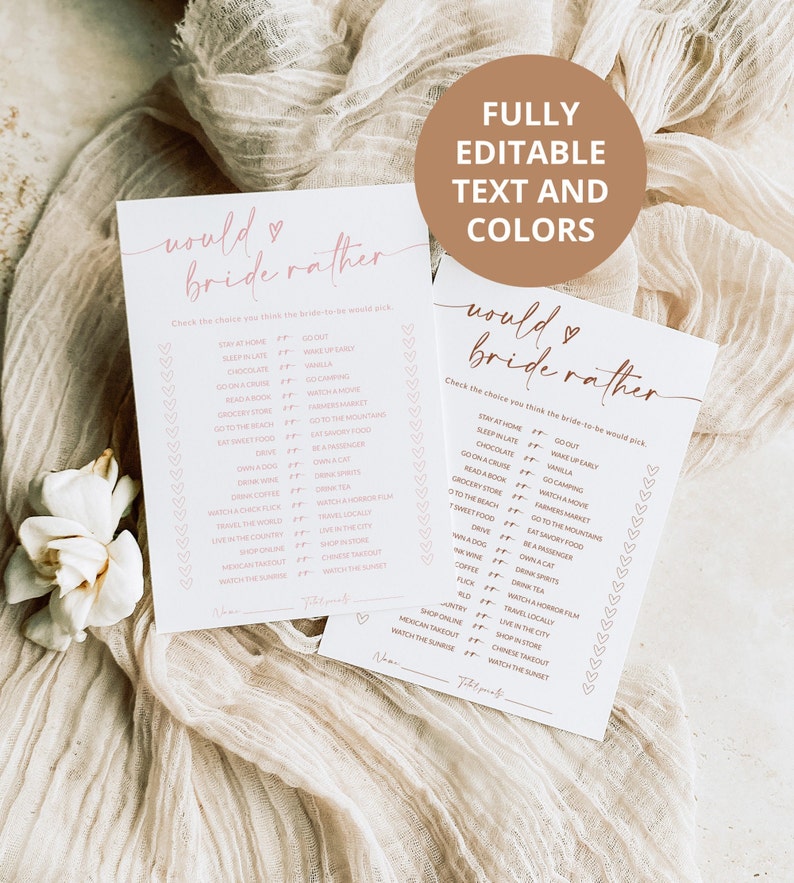 May include: Two printable "Would You Rather" game cards for a bridal shower. The cards are white with pink text and hearts. The text on the cards reads "Would You Rather" and includes a list of questions for guests to answer about the bride.