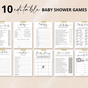 Lot de jeux pour baby shower | 10 jeux de baby shower modifiables | Devinez qui a dit | Prédiction de bébé | Conseils aux parents | Baby Bingo, A1