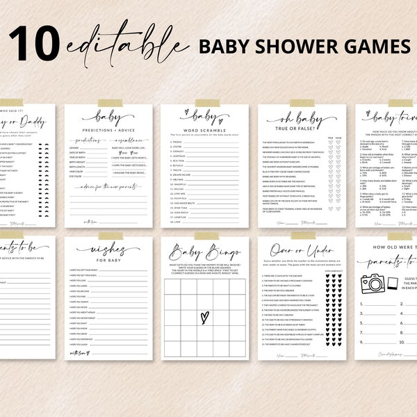 Baby Shower Game Bundle | 10 Editable Baby Shower Game Printable | Guess Who Said It | Baby Prediction | Advice for Parents | Baby Bingo, A1