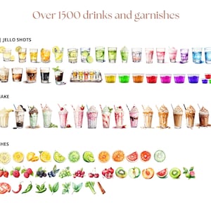 May include: A watercolor illustration of over 1500 drinks and garnishes. The illustration includes shots, jello shots, milkshakes, and various garnishes like fruit, vegetables, and herbs.