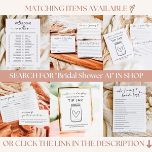 Pu&ograve; includere: Un set di giochi di addio al nubilato stampabili con un tema rustico. I giochi includono "Would She Rather", "Who Knows the Bride Best", "Advice and Wishes for the New Mr. & Mrs. Tip Jar", "Recipe for the Bride to Be", e "Love is a Journey".