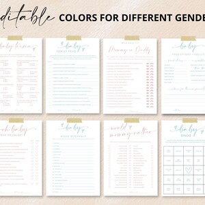 May include: Eight printable baby shower game cards with light blue and pink text on white paper. Titles include Baby Trivia, Family Feud, Who Said It, Predictions and Advice, True or False, Word Scramble, Would Mommy Rather, and Baby Bingo.
