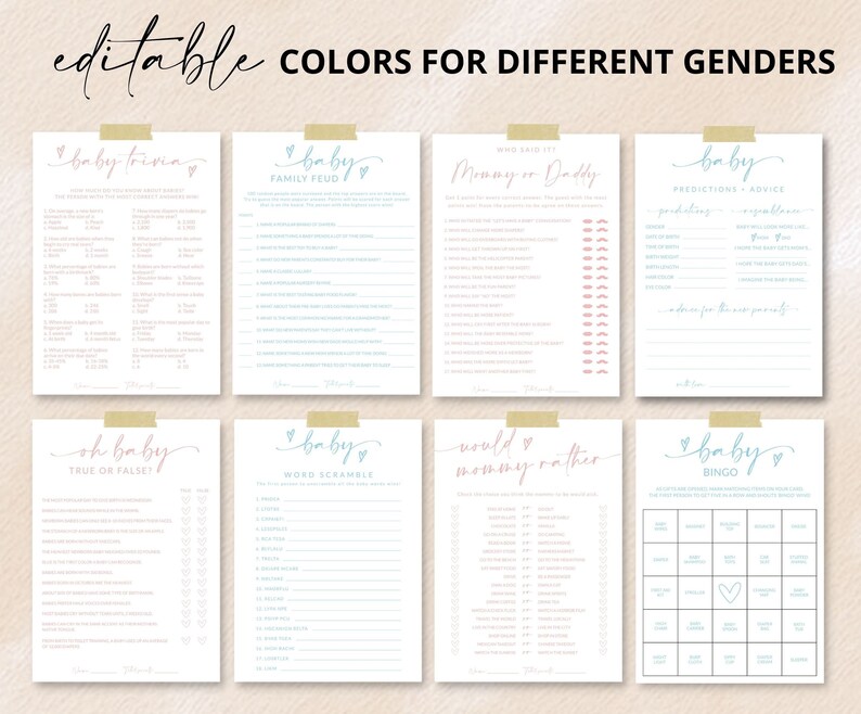 May include: Eight printable baby shower game cards with light blue and pink text on white paper. Titles include Baby Trivia, Family Feud, Who Said It, Predictions and Advice, True or False, Word Scramble, Would Mommy Rather, and Baby Bingo.