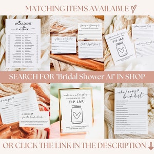 May include: A set of printable bridal shower games with a rustic theme. The games include "Would She Rather", "Who Knows the Bride Best", "Advice and Wishes for the New Mr. & Mrs. Tip Jar", "Recipe for the Bride to Be", and "Love is a Journey".