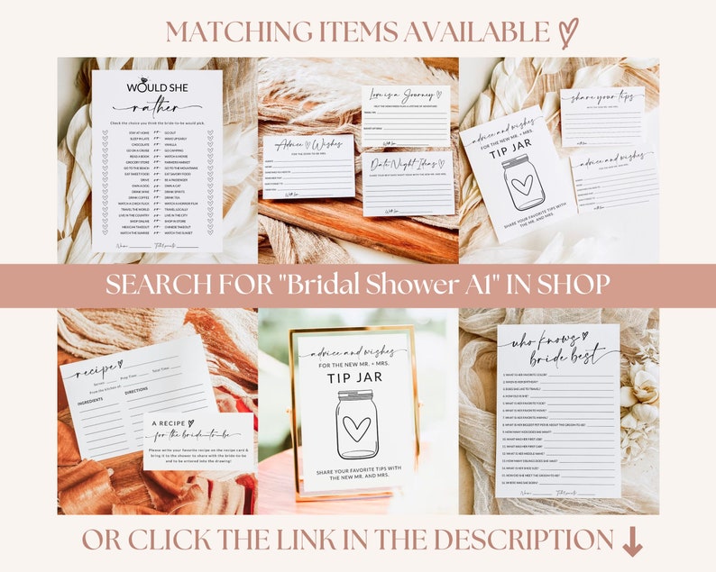 May include: A set of printable bridal shower games with a rustic theme. The games include "Would She Rather", "Who Knows the Bride Best", "Advice and Wishes for the New Mr. & Mrs. Tip Jar", "Recipe for the Bride to Be", and "Love is a Journey".