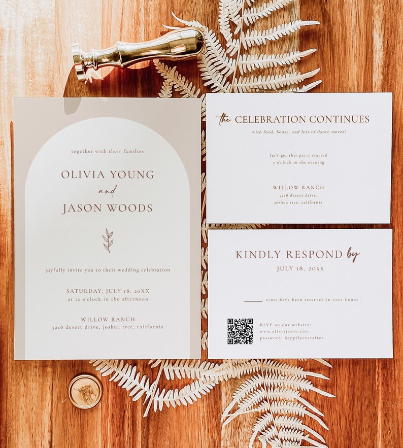 Bundle Wedding Invitation Suite with QR Code Rsvp and Details Card Wedding Invitation Set Minimalist Neutral Editable Template A4 image 1