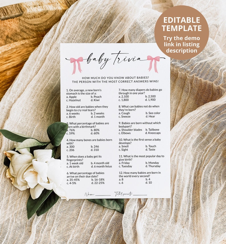 Baby Shower Trivia Pink Bows | Baby Shower Games Printable | Baby ...