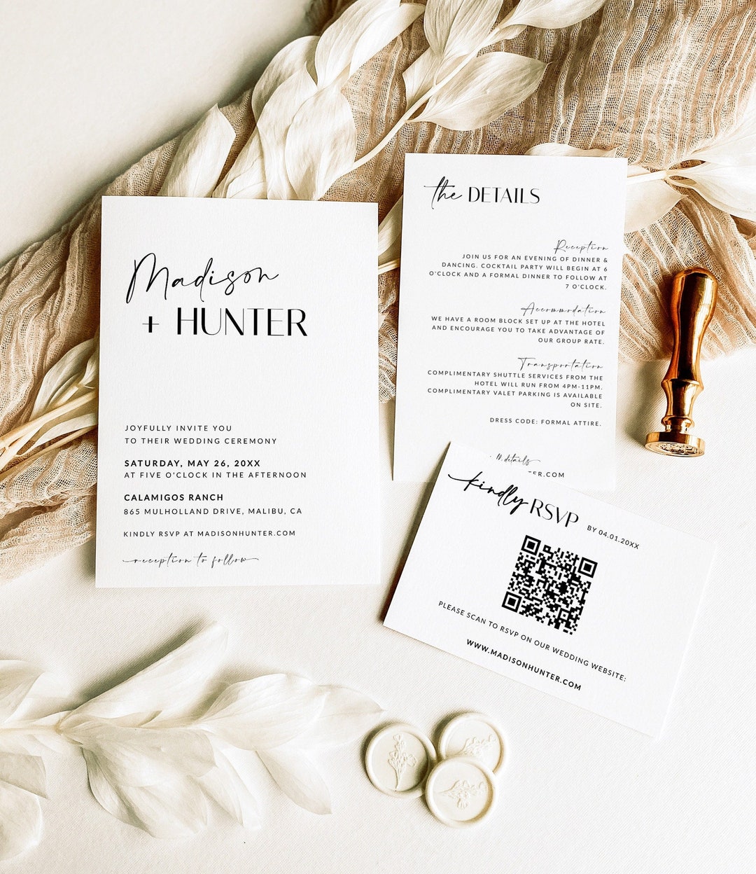 Wedding Invitation Set With QR Code Rsvp | 4 Piece Suite | Minimalist ...