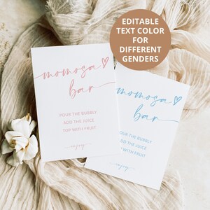 May include: Two printable signs for a mimosa bar, one with pink text and one with blue text. The signs say "mimosa bar" and include instructions for making mimosas: "Pour the bubbly, add the juice, top with fruit, enjoy".