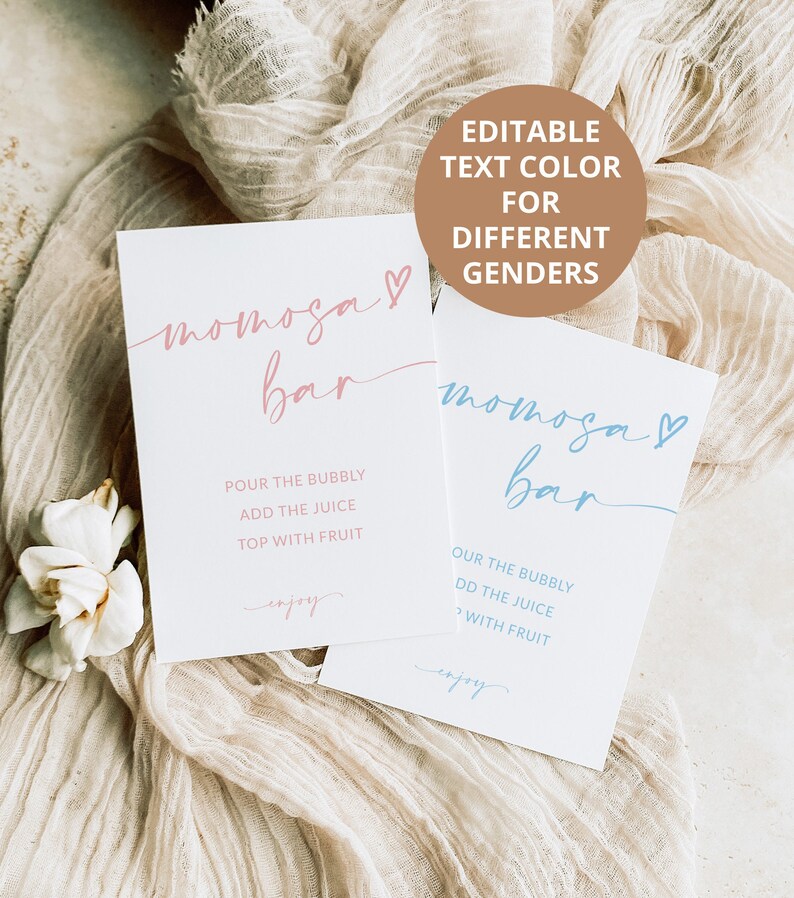 May include: Two printable signs for a mimosa bar, one with pink text and one with blue text. The signs say "mimosa bar" and include instructions for making mimosas: "Pour the bubbly, add the juice, top with fruit, enjoy".